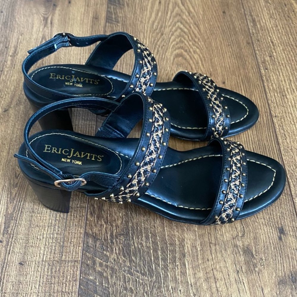 Eric Javits Black Sandals with Gold Braided Accents